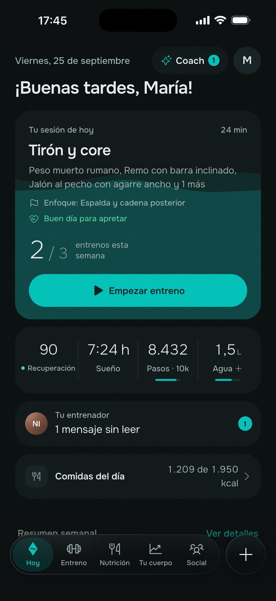 La app de Vaikoa: la pantalla Hoy de una clienta