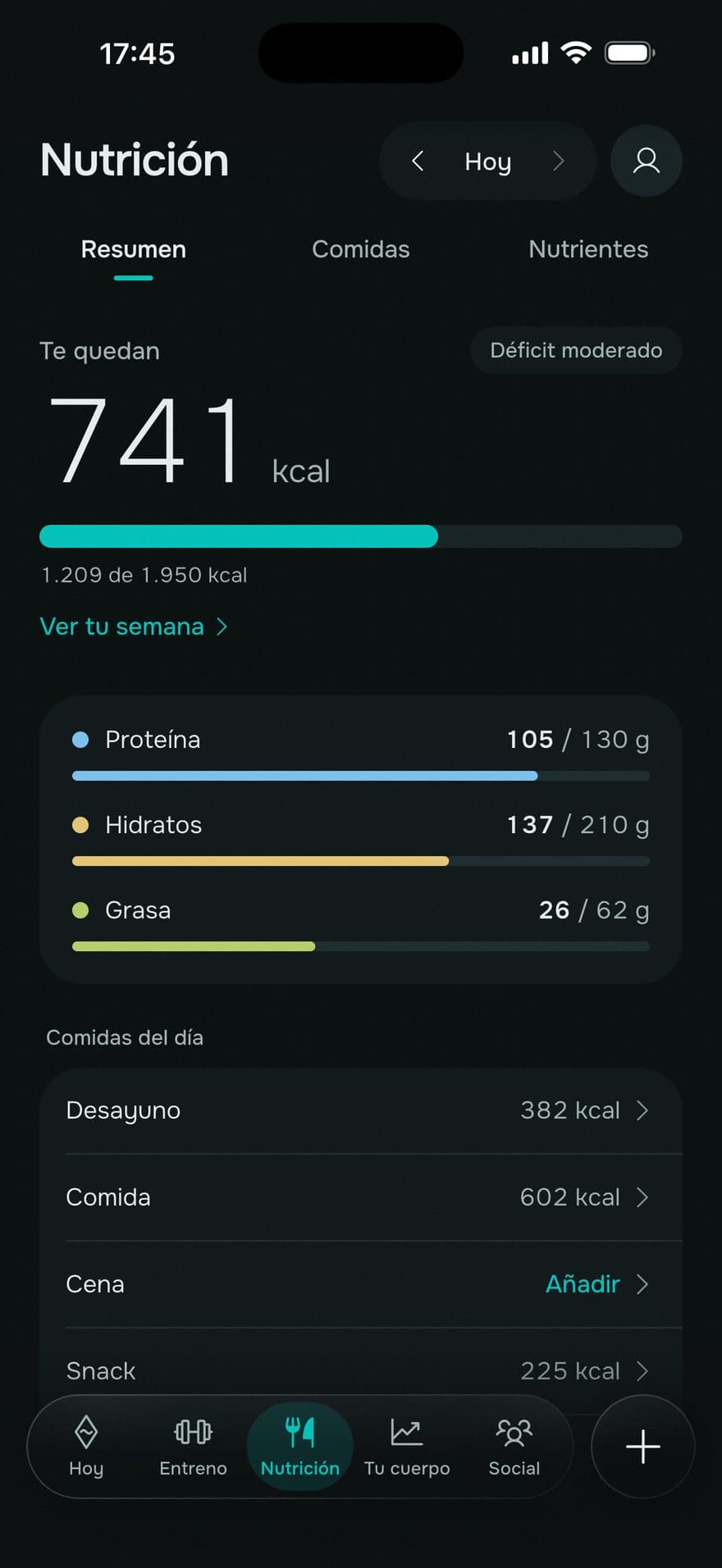 La app: las comidas y los macros del día